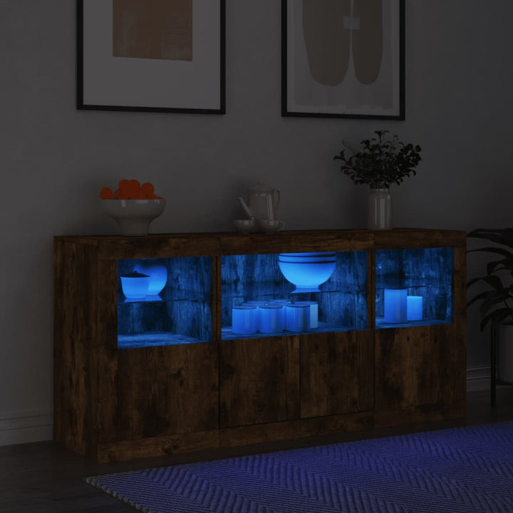 skænk med LED-lys 142,5x37x67cm røget egetræsfarve