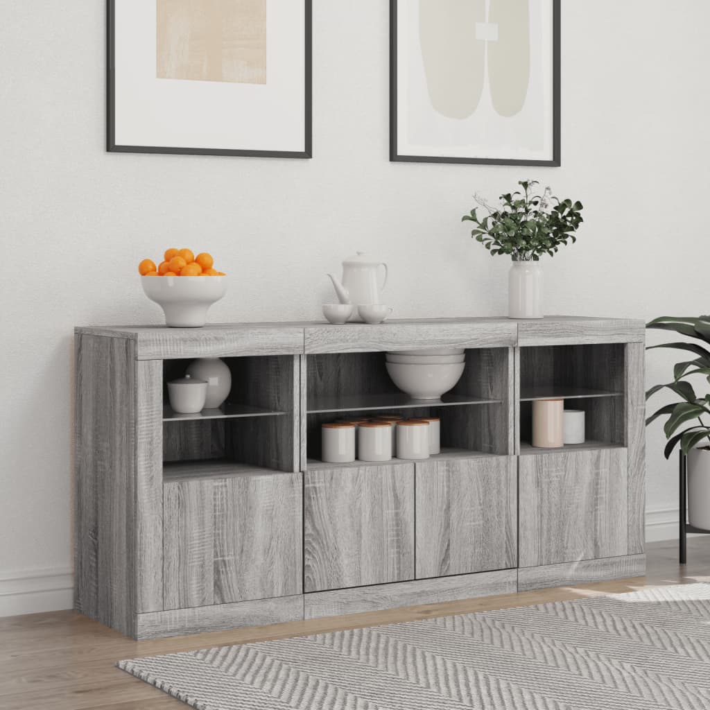 skænk med LED-lys 142,5x37x67 cm grå sonoma-eg