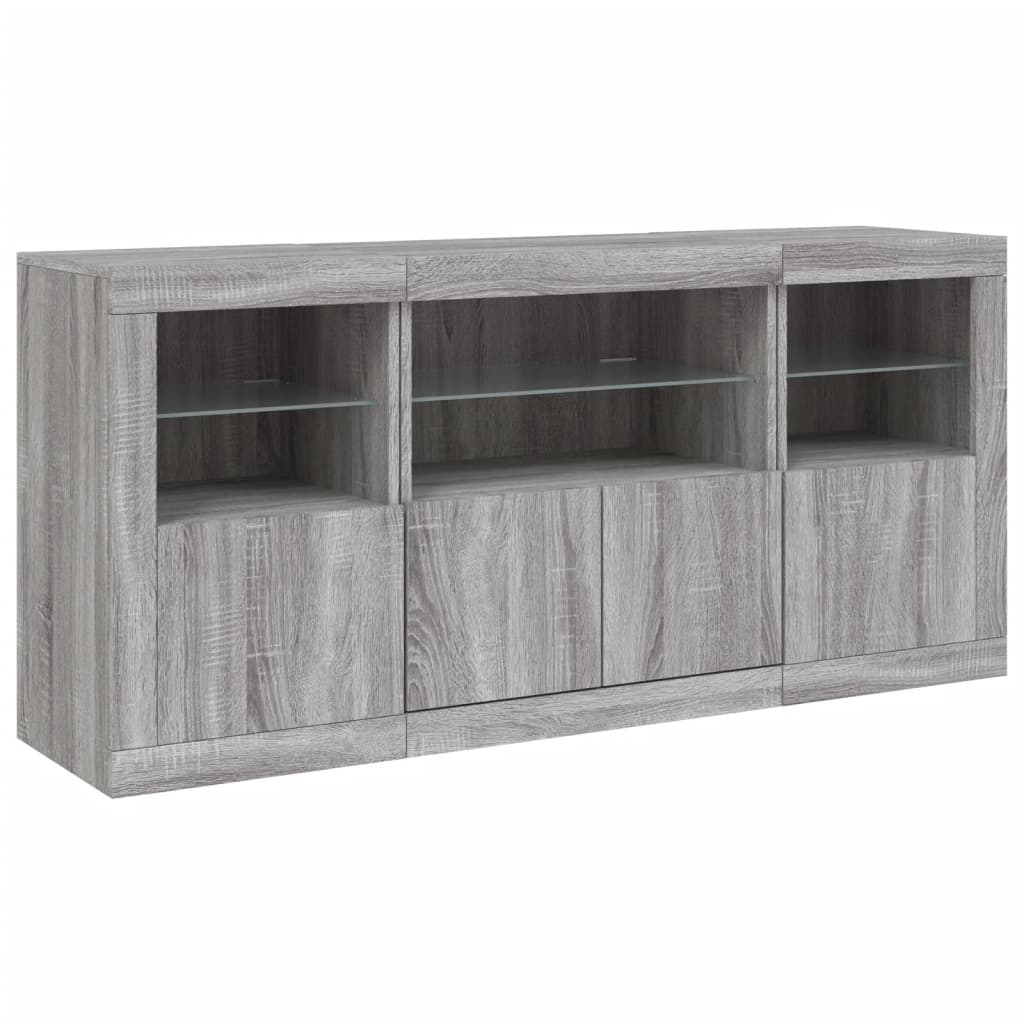 skænk med LED-lys 142,5x37x67 cm grå sonoma-eg