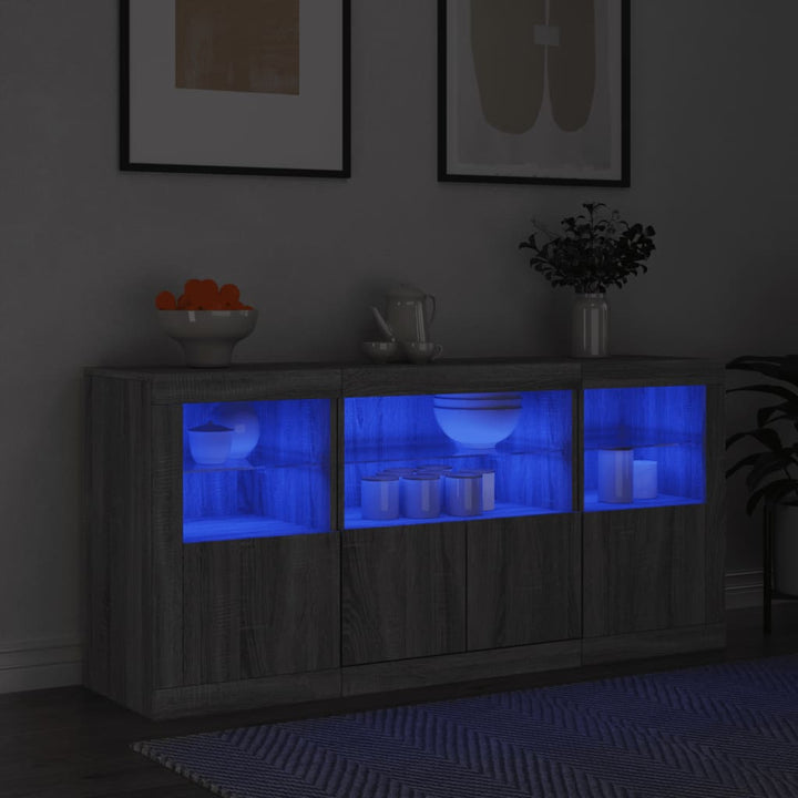 skænk med LED-lys 142,5x37x67 cm grå sonoma-eg