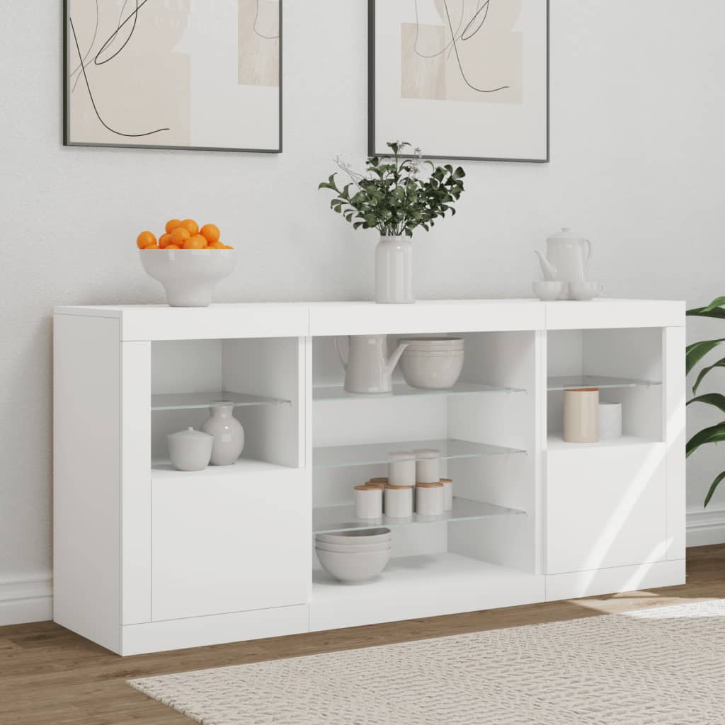 skænk med LED-lys 142,5x37x67 cm hvid