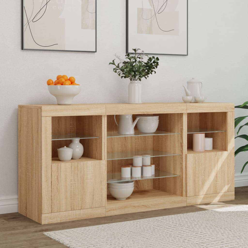 skænk med LED-lys 142,5x37x67 cm sonoma-eg