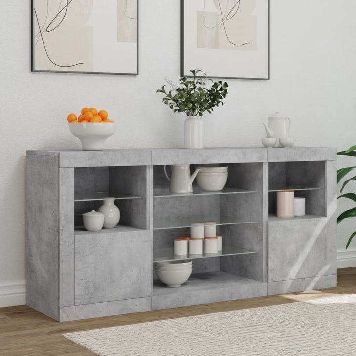 skænk med LED-lys 142,5x37x67 cm betongrå