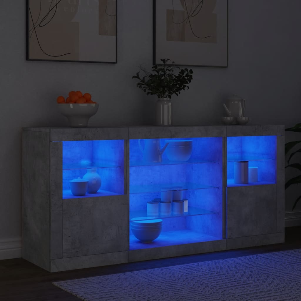 skænk med LED-lys 142,5x37x67 cm betongrå