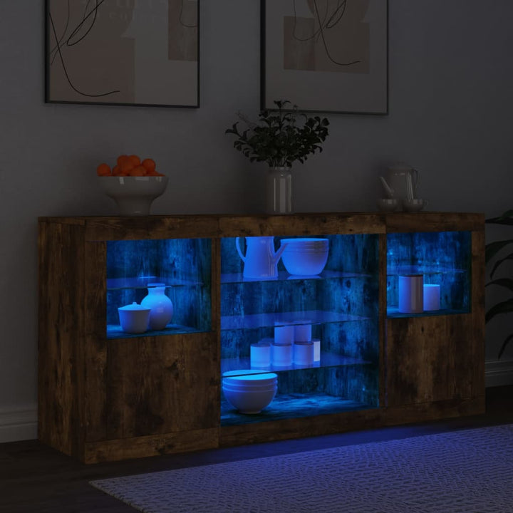 skænk med LED-lys 142,5x37x67cm røget egetræsfarve