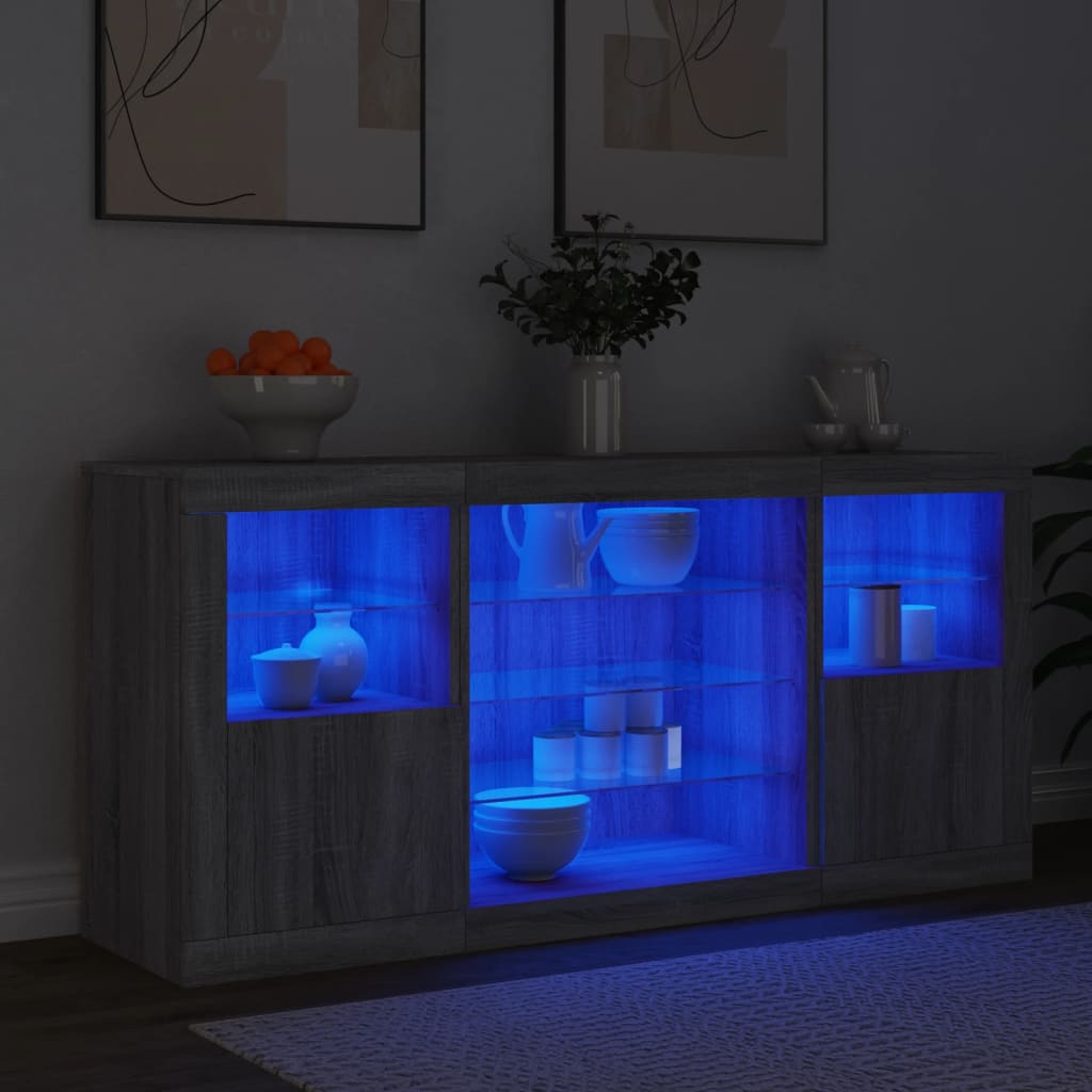 skænk med LED-lys 142,5x37x67 cm grå sonoma-eg