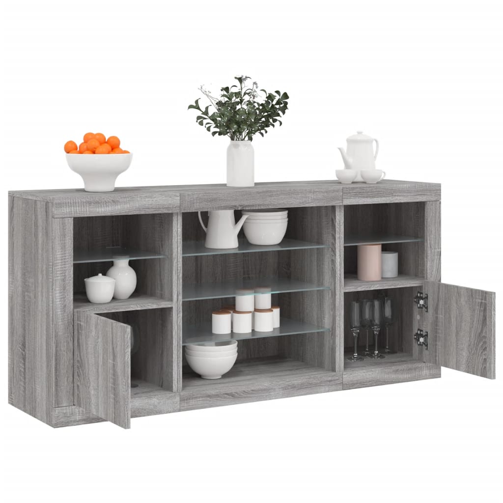 skænk med LED-lys 142,5x37x67 cm grå sonoma-eg