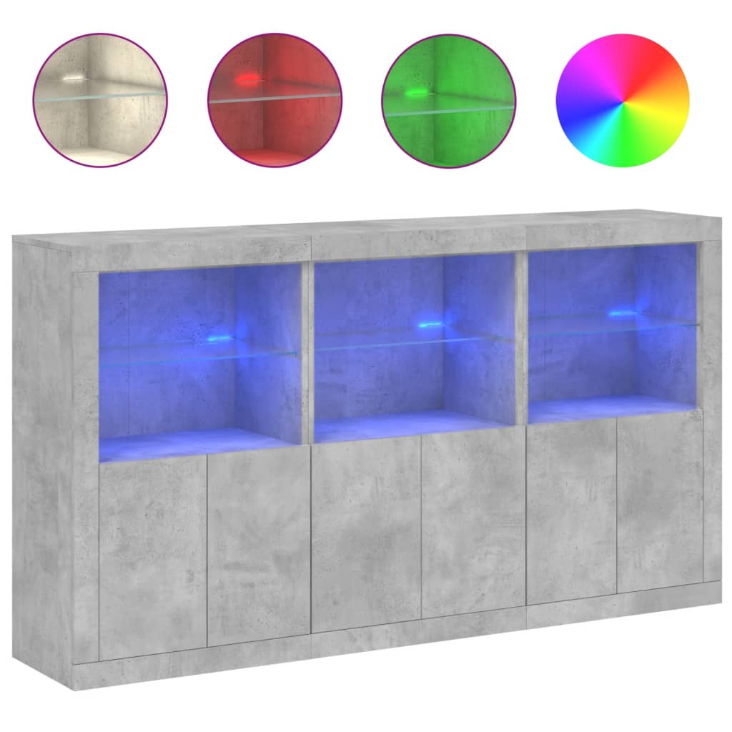 skænk med LED-lys 181,5x37x100 cm betongrå