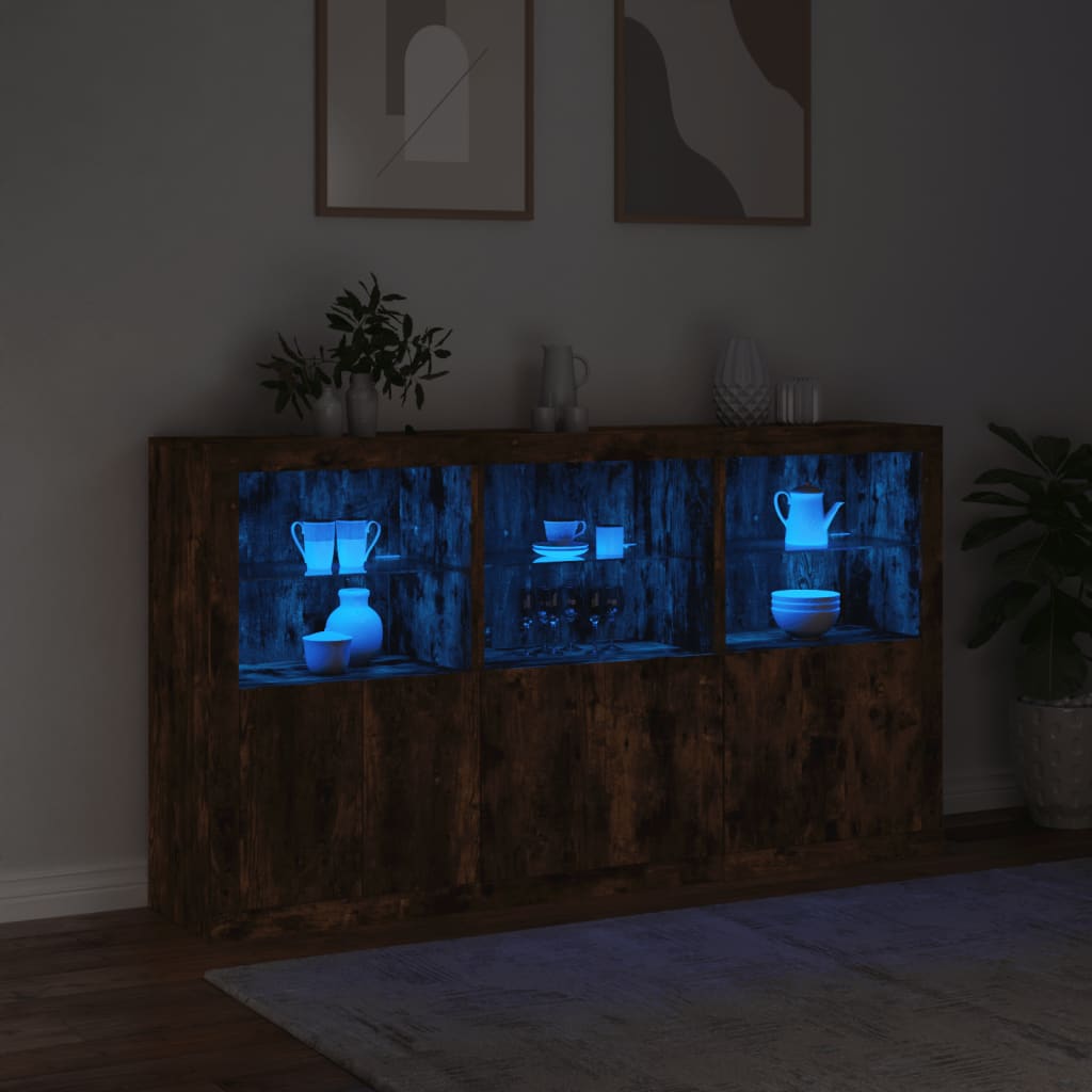 skænk med LED-lys 181,5x37x100 cm røget egetræsfarve