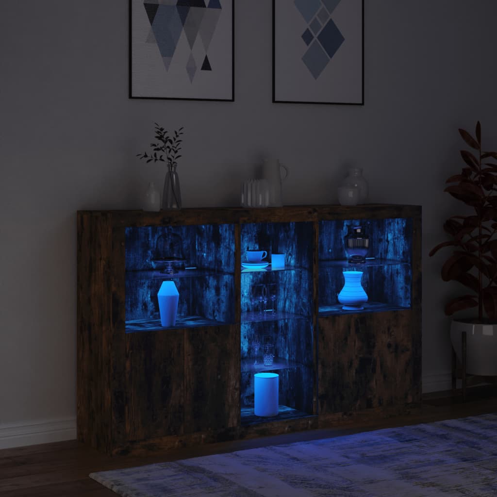 skænk med LED-lys 162x37x100 cm røget egetræsfarve