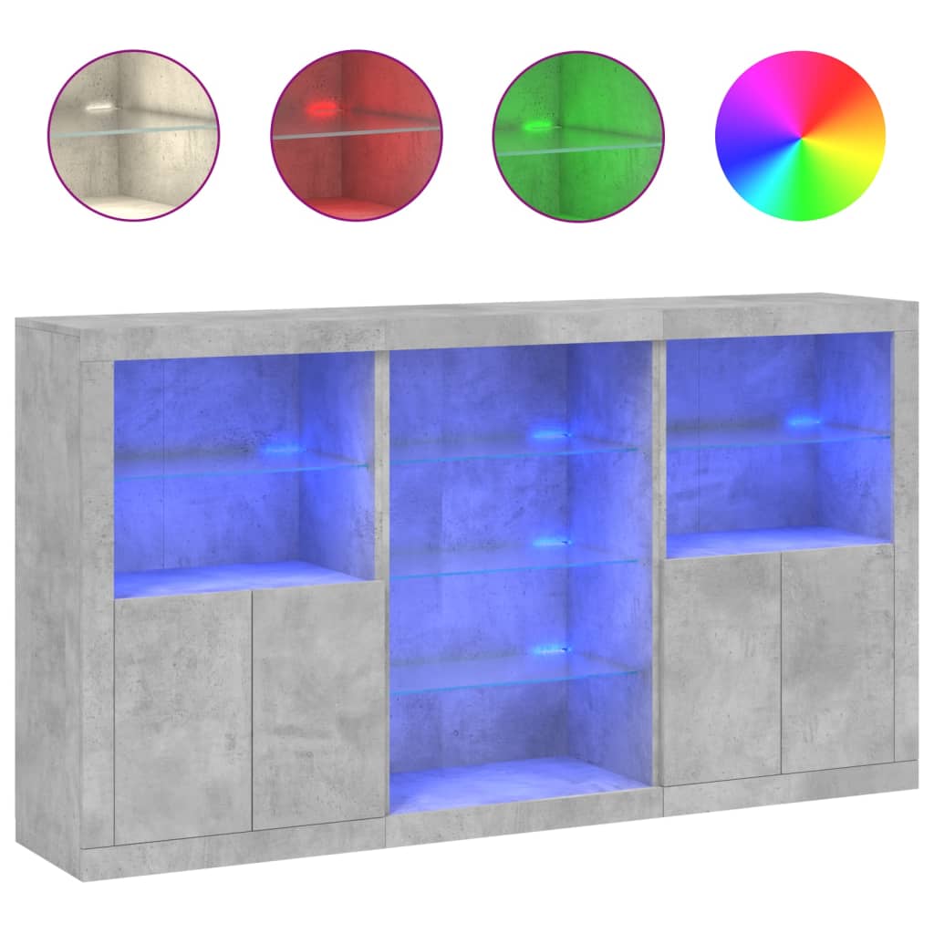 skænk med LED-lys 181,5x37x100 cm betongrå