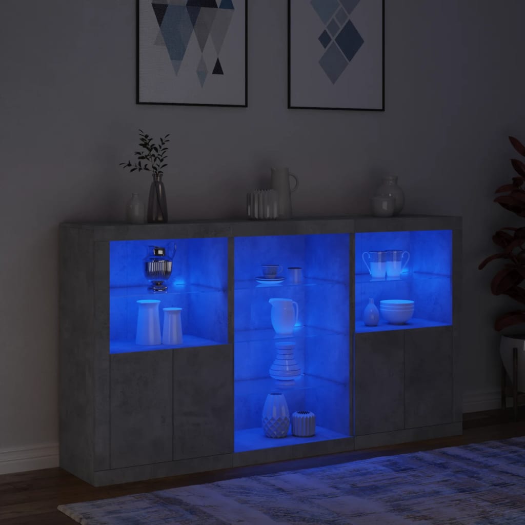 skænk med LED-lys 181,5x37x100 cm betongrå