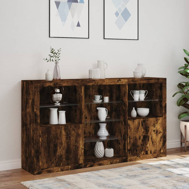 skænk med LED-lys 181,5x37x100 cm røget egetræsfarve