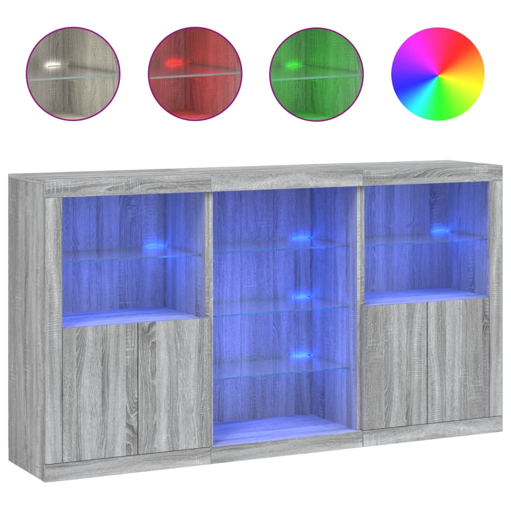 skænk med LED-lys 181,5x37x100 cm grå sonoma-eg