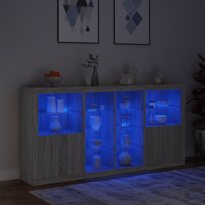 skænk med LED-lys 202x37x100 cm grå sonoma-eg