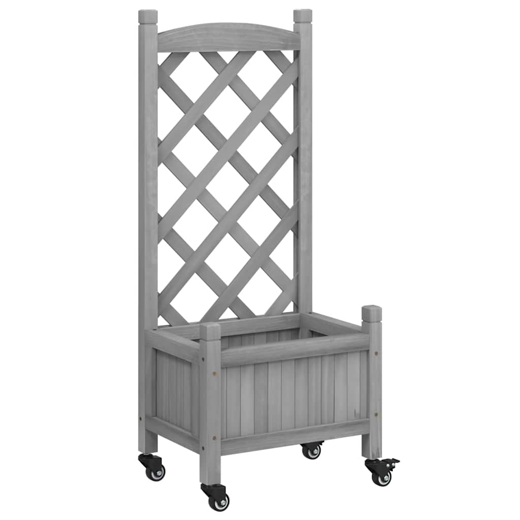 plantekasse med espalier og hjul massivt fyrretræ grå