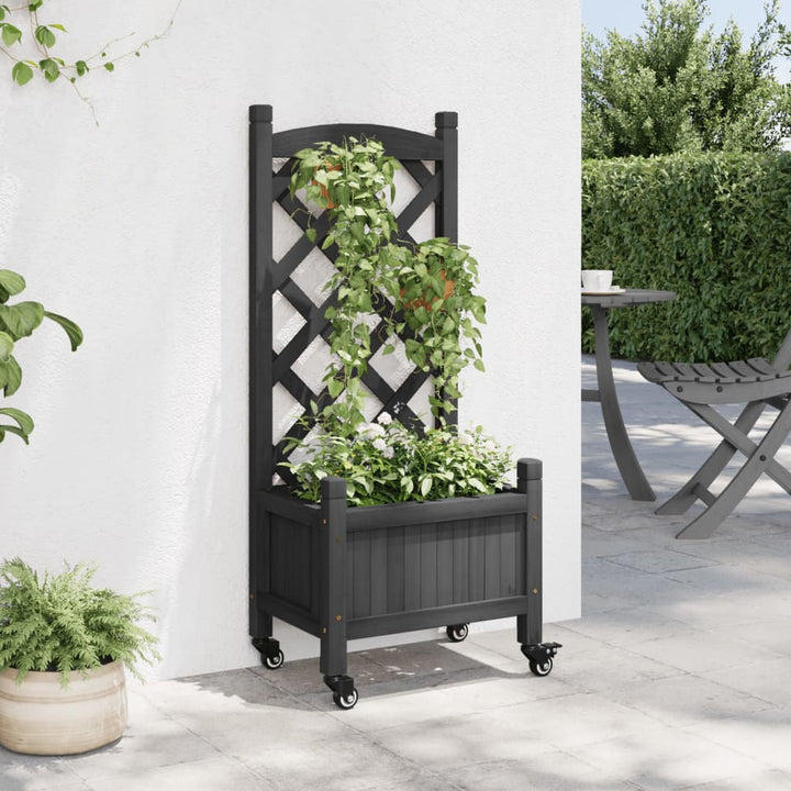 plantekasse med espalier og hjul massivt fyrretræ sort