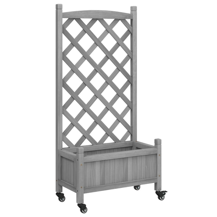 plantekasse med espalier og hjul massivt fyrretræ grå