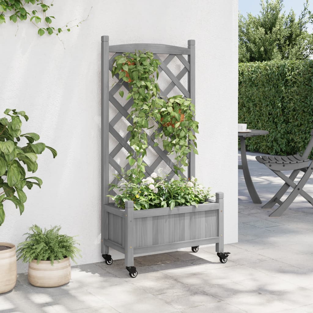 plantekasse med espalier og hjul massivt fyrretræ grå