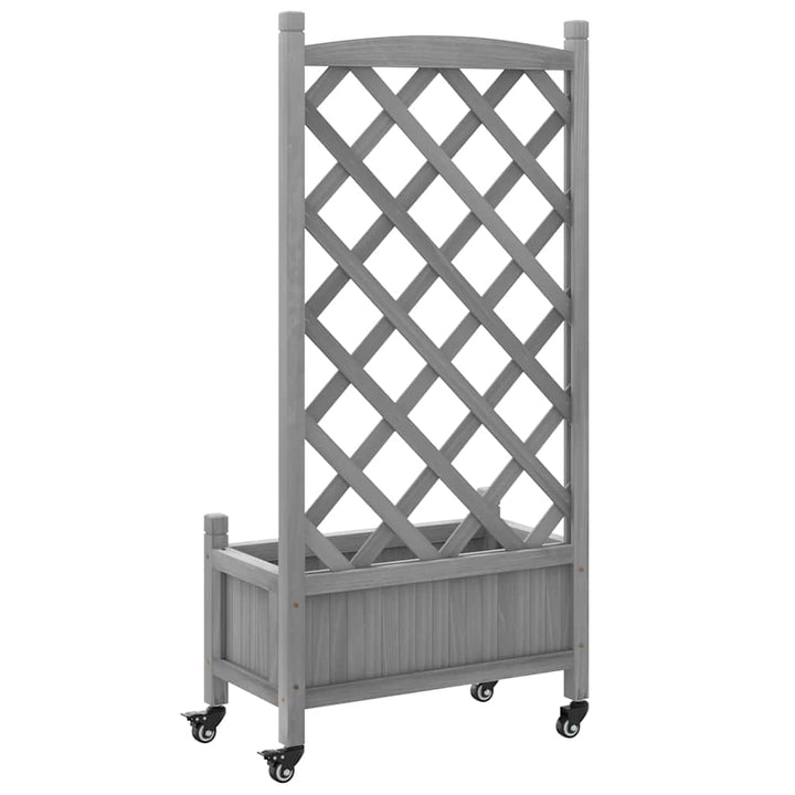 plantekasse med espalier og hjul massivt fyrretræ grå
