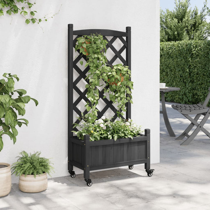 plantekasse med espalier og hjul massivt fyrretræ sort
