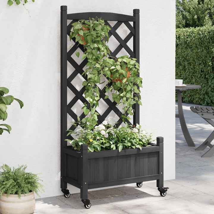 plantekasse med espalier og hjul massivt fyrretræ sort