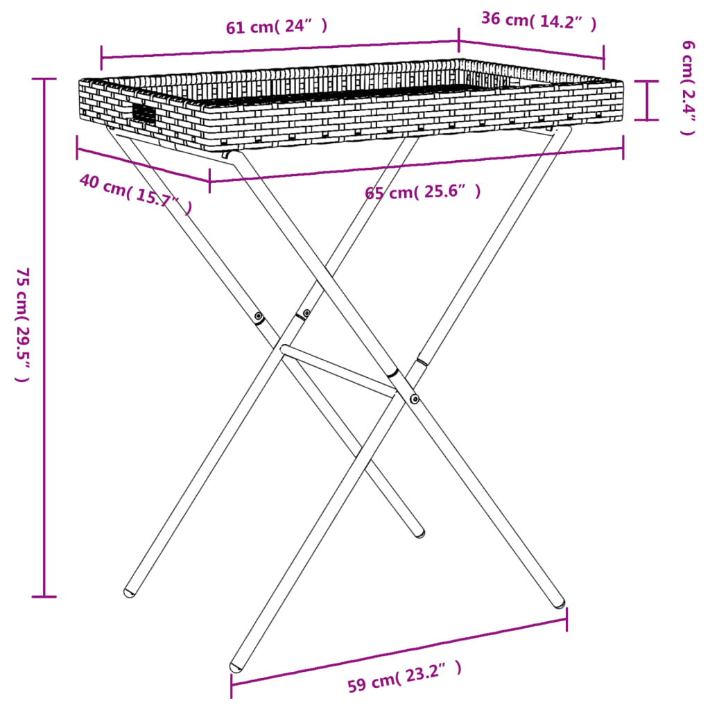 bakkebord 65x40x75 cm polyrattan grå
