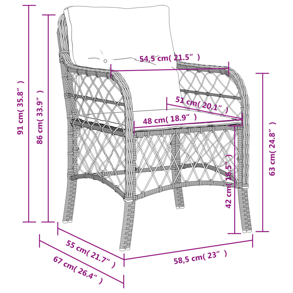 havestole med hynder 2 stk. polyrattan brun