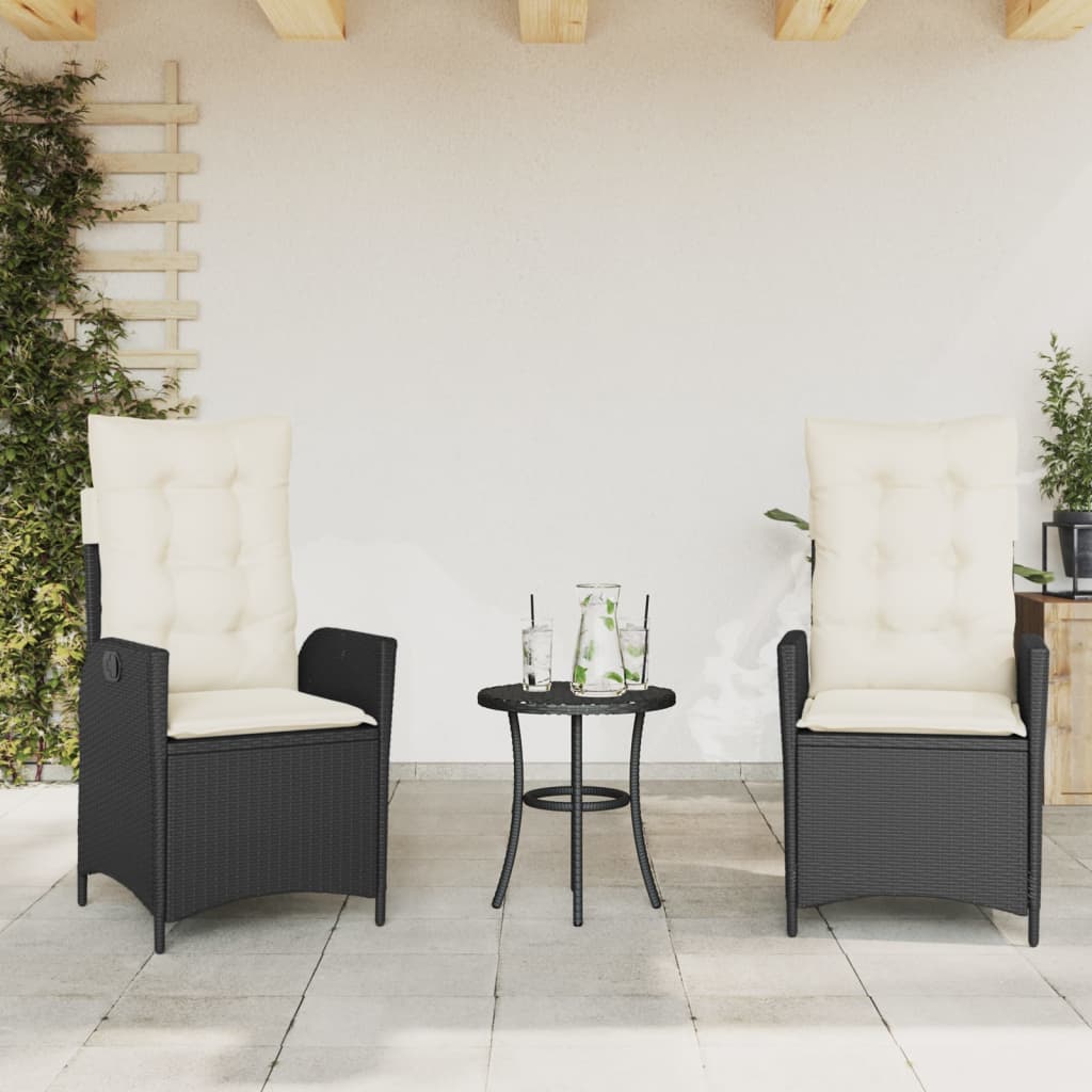 bistrosæt til haven 3 dele med hynder polyrattan sort