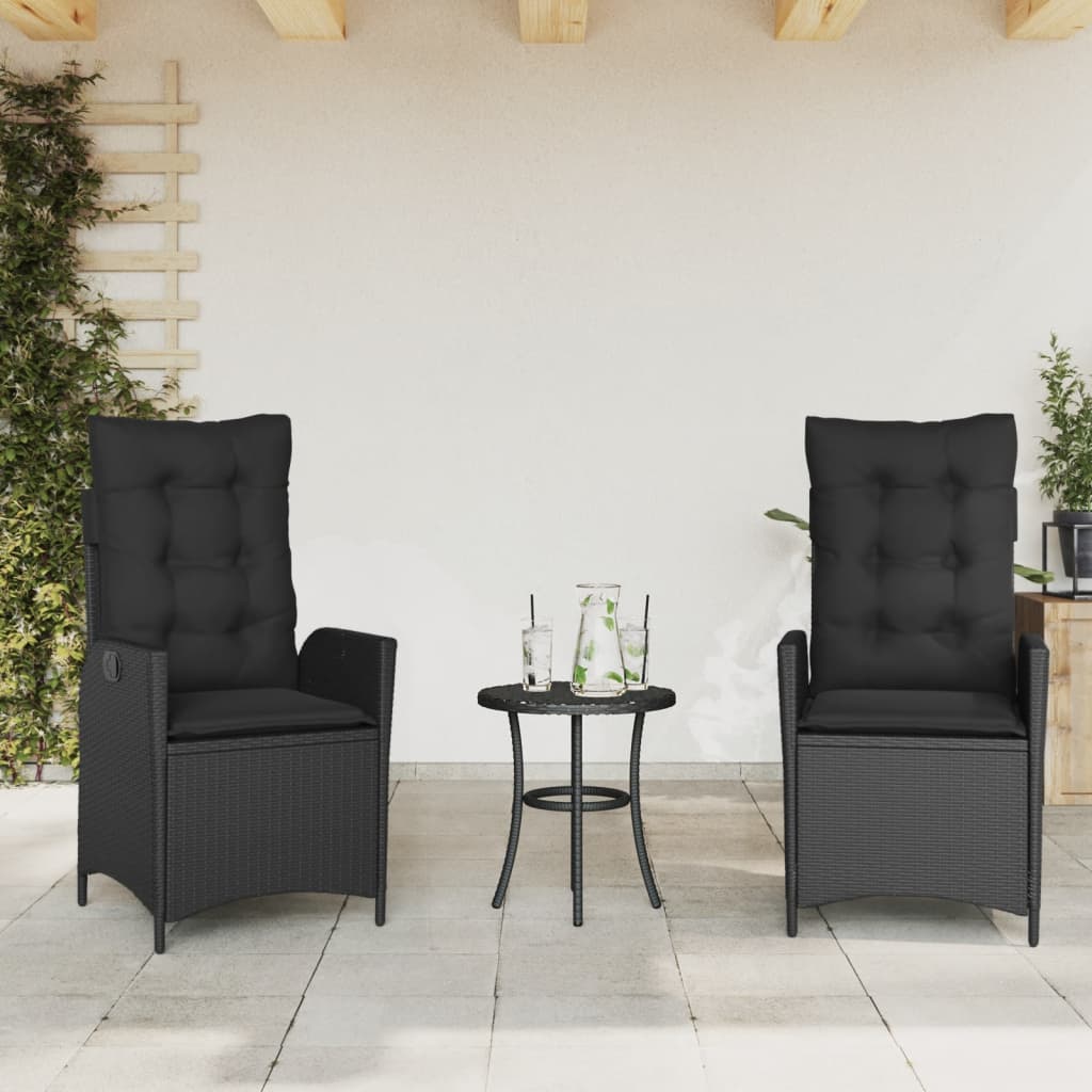 bistrosæt til haven 3 dele med hynder polyrattan sort