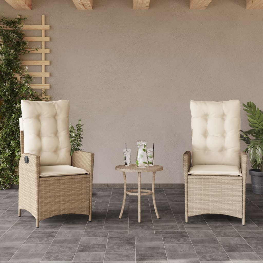 bistrosæt til haven 3 dele med hynder polyrattan beige