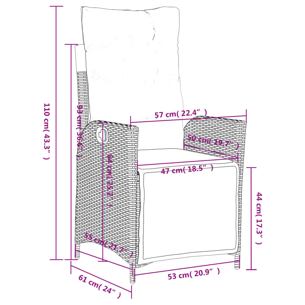havestole 2 stk. med lænefunktion og fodstøtte polyrattan sort