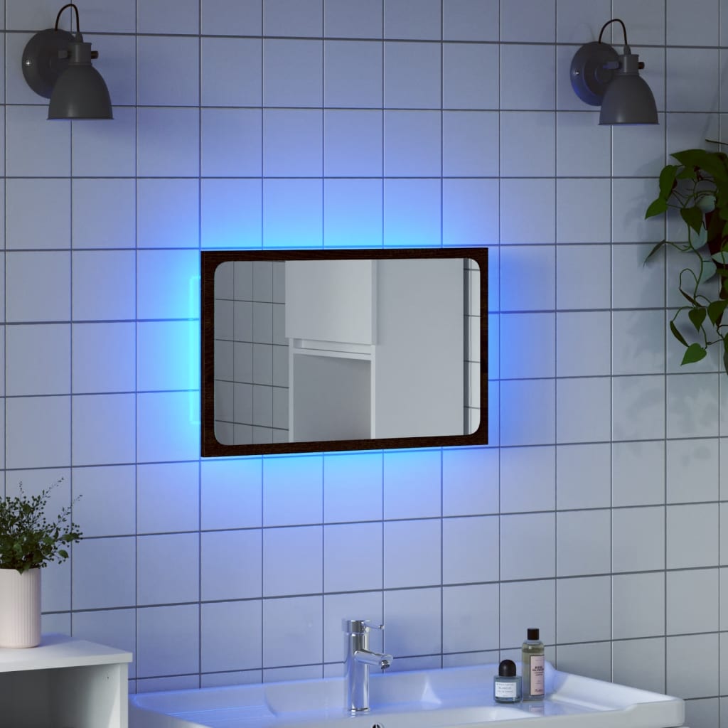 badeværelsesspejl m. LED 60x8,5x38 cm konstrueret træ brunt eg