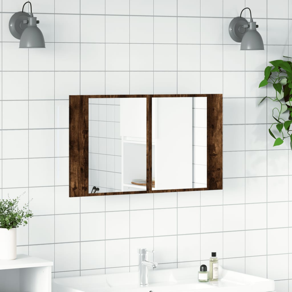 badeværelsesskab m. spejl og LED-lys 80x12x45 cm akryl røget eg