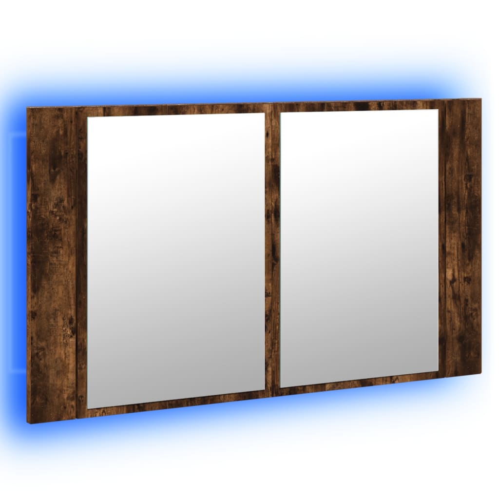 badeværelsesskab m. spejl og LED-lys 80x12x45 cm akryl røget eg