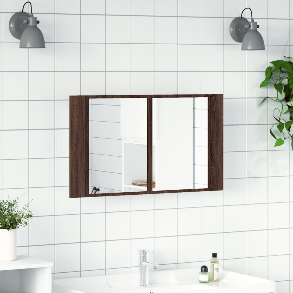 badeværelsesskab m. spejl og LED-lys 80x12x45 cm akryl brunt eg