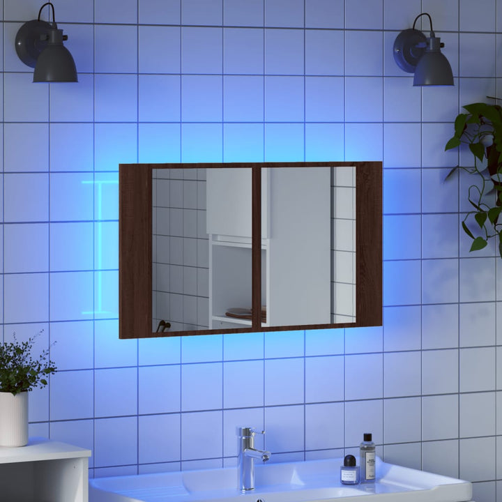 badeværelsesskab m. spejl og LED-lys 80x12x45 cm akryl brunt eg
