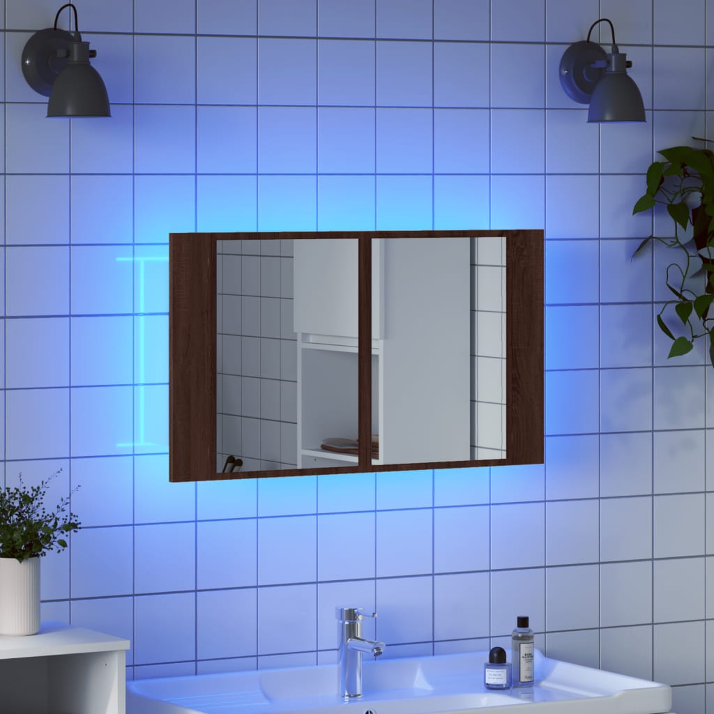 badeværelsesskab m. spejl og LED-lys 80x12x45 cm akryl brunt eg