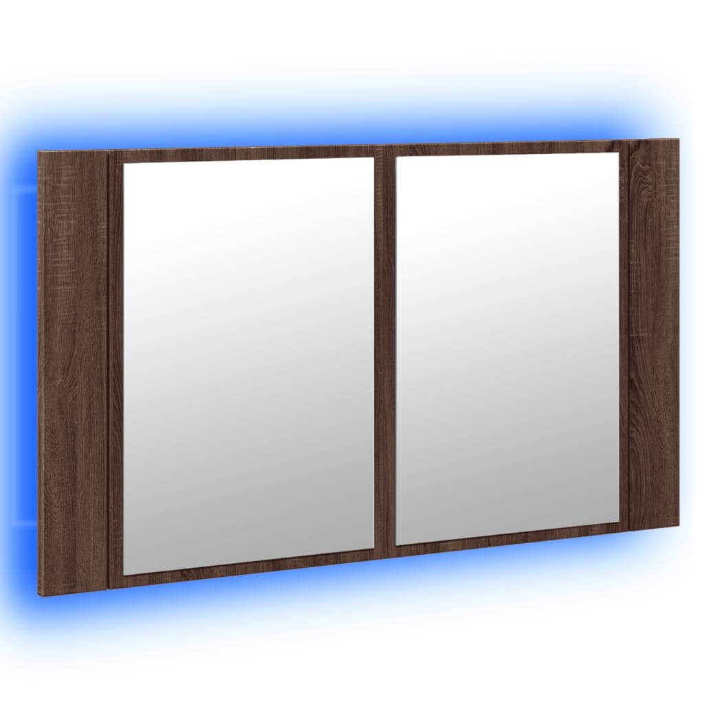 badeværelsesskab m. spejl og LED-lys 80x12x45 cm akryl brunt eg