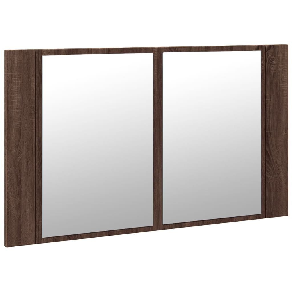 badeværelsesskab m. spejl og LED-lys 80x12x45 cm akryl brunt eg