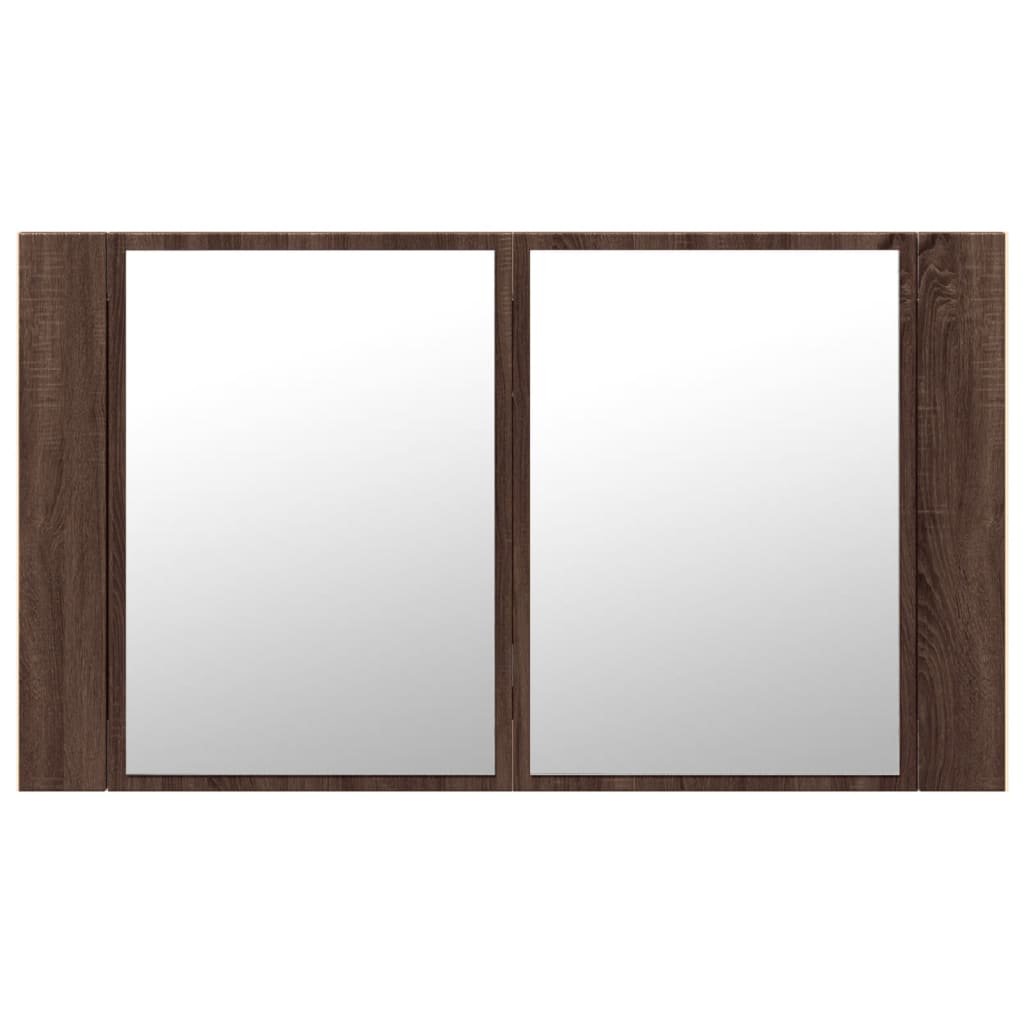 badeværelsesskab m. spejl og LED-lys 80x12x45 cm akryl brunt eg