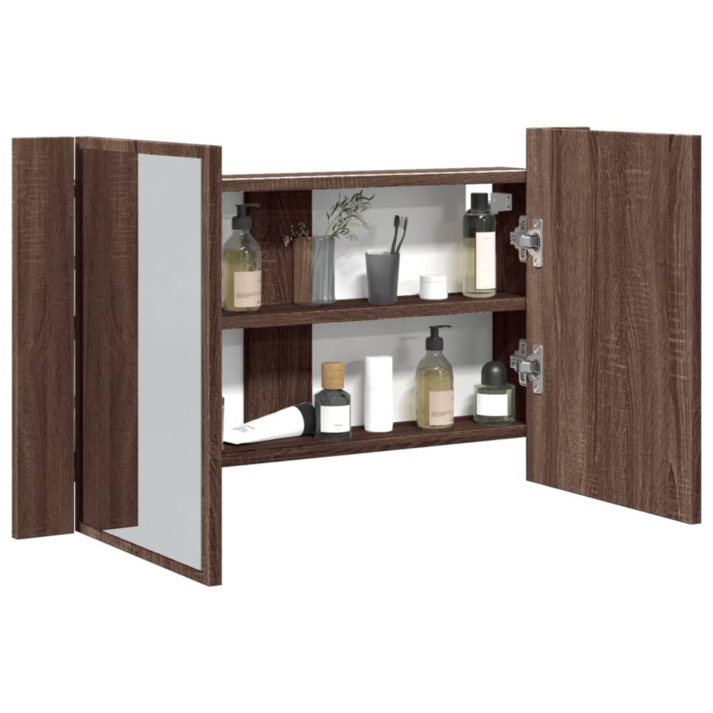 badeværelsesskab m. spejl og LED-lys 80x12x45 cm akryl brunt eg