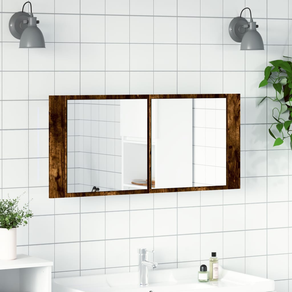 badeværelsesskab m. spejl og LED-lys 100x12x45 cm røget eg