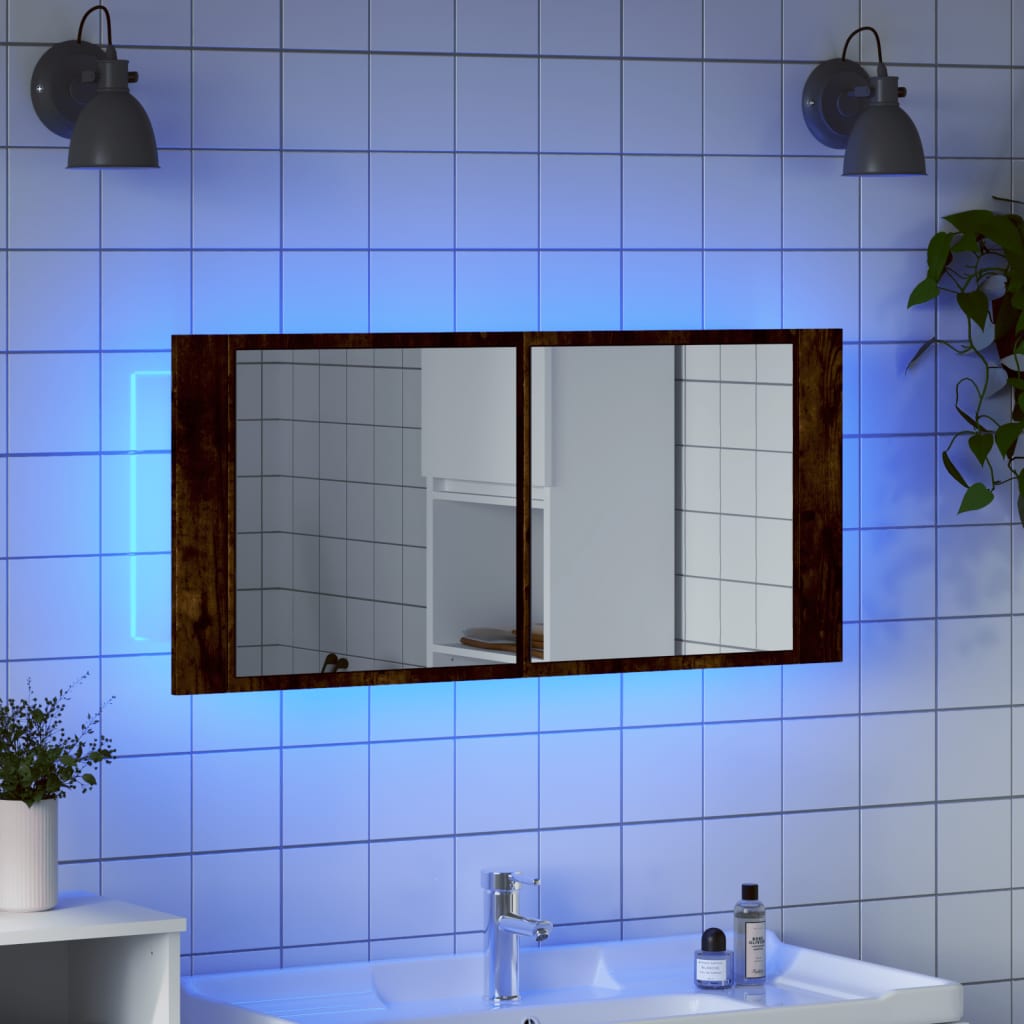 badeværelsesskab m. spejl og LED-lys 100x12x45 cm røget eg