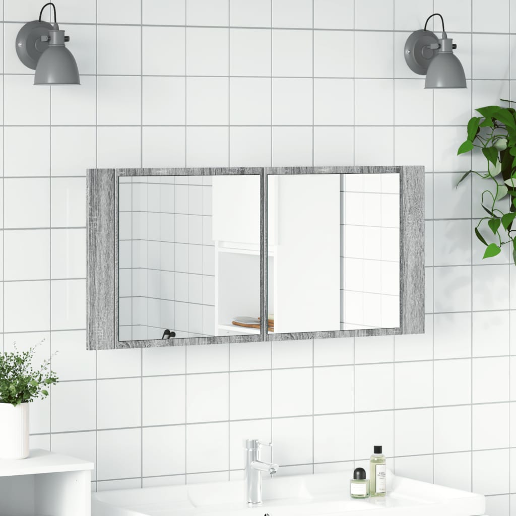 badeværelsesskab m. spejl og LED-lys 100x12x45 cm grå sonoma-eg