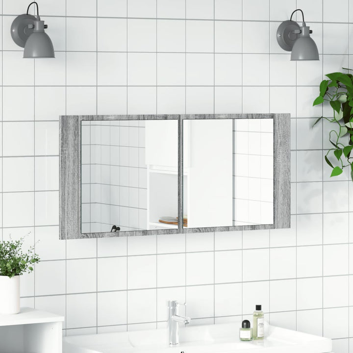 badeværelsesskab m. spejl og LED-lys 100x12x45 cm grå sonoma-eg
