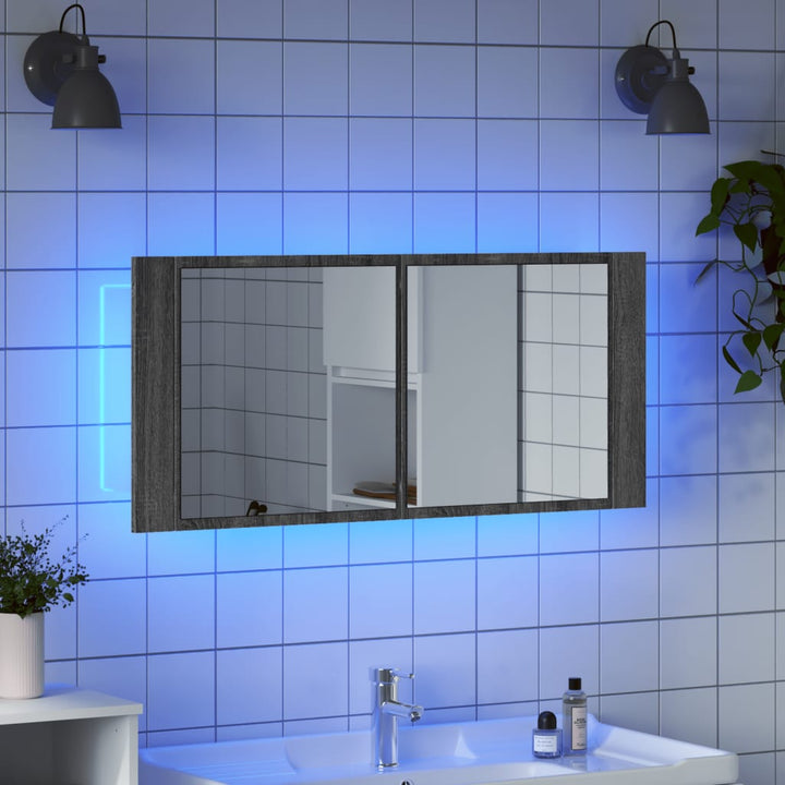 badeværelsesskab m. spejl og LED-lys 100x12x45 cm grå sonoma-eg