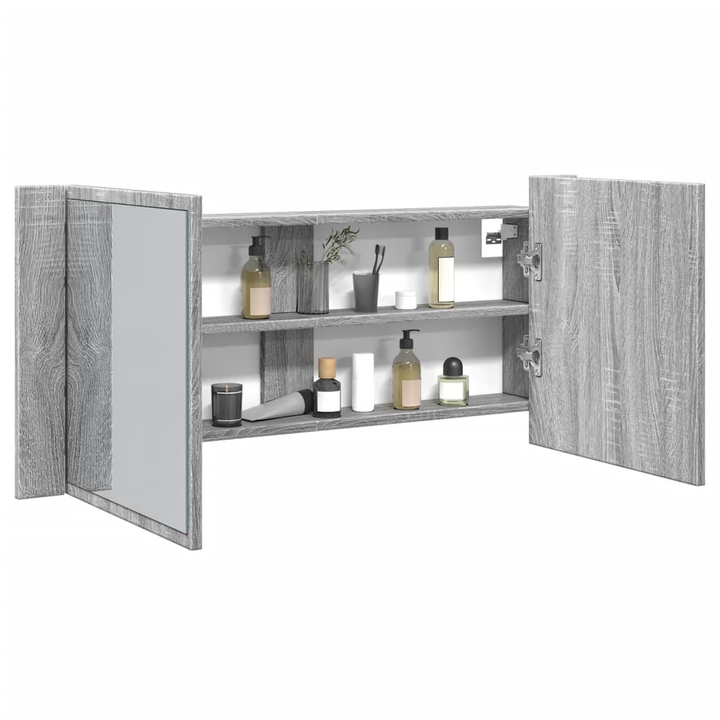 badeværelsesskab m. spejl og LED-lys 100x12x45 cm grå sonoma-eg