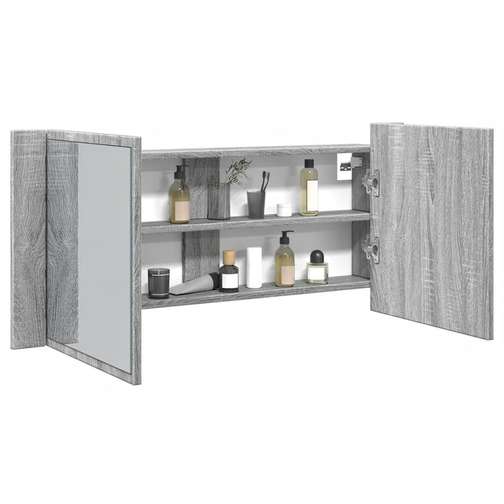 badeværelsesskab m. spejl og LED-lys 100x12x45 cm grå sonoma-eg