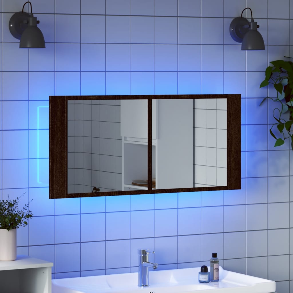 badeværelsesskab m. spejl og LED-lys 100x12x45 cm brun eg
